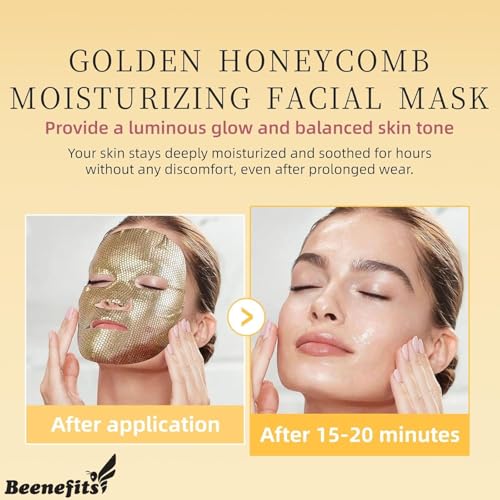 10 Packs Golden Honeycomb Moisturizing Facial Mask, Deep Hyrating Spa Masks with Honeycomb Design for All Skin Types, Gift for Wife' Birthady Party, Girl's Night, Enjoy Skincare Life