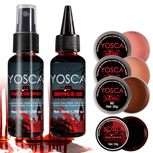 Yosca 6Pcs Halloween Fake Blood Makeup Kit, Realistic Washable Fake Blood Spray, Dripping, Coagulated, Scar Wax for Halloween Face Red Body Paint, Clown Vampire Monster Zombie Scar Makeup Kit