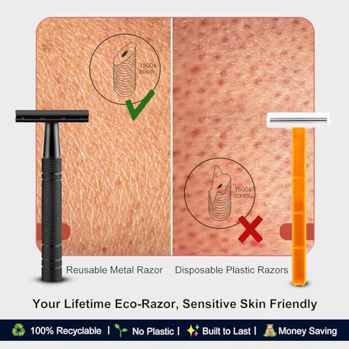 Double Edge Safety Razor with Stand, Single Blade Razors for Men and Women, Reusable Metal Razor, with 10 Stainless Steel Double Edge Blades, Smooth and Close Shave, Plastic Free, Matte Black
