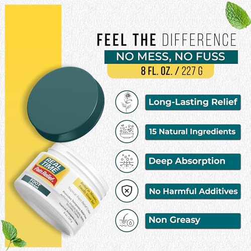 Real Time Pain Relief Foot Cream 8oz Jar | 15 Natural Ingredients: 1.5% Menthol, Tea Tree Oil, Vitamin E & Emu Oil | Advanced Neuropathy Relief & Soothing Lotion for Tired, Swollen, Sore & Aching Feet