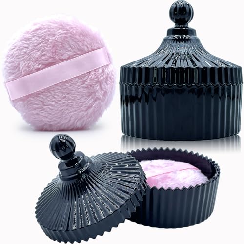 4.3 Inch Ultra Fluffy Body Powder Puff & 5.3 Inch Large Glass Jar Set,Dusting Powder Container with Puff,Multi-purpose Storage Holder Dish,Gothic Decor for Bedroom,Bathroom,Home(Black)