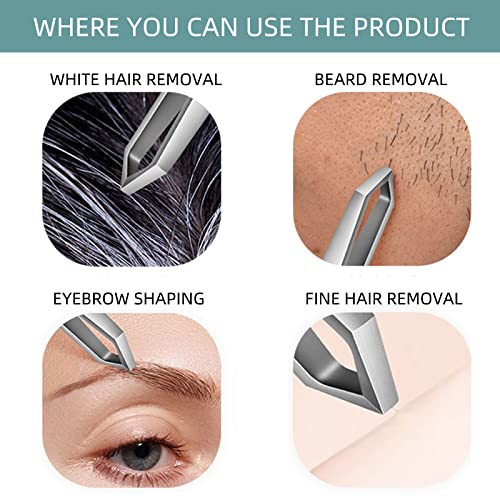 Beard Tweezers, White Hair Plucking, Fine Hair Removal, Eyebrows Shaping Tool, 5mm Tip, Stainless Steel, Cyan PU Case 1Pack
