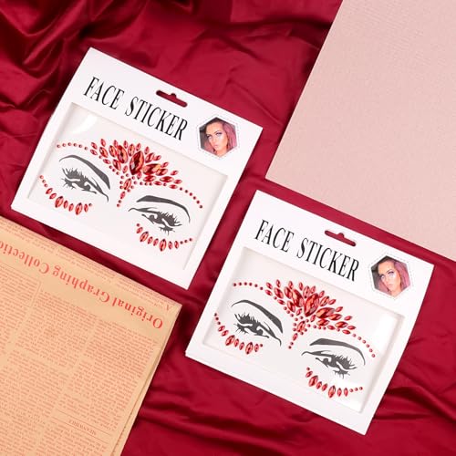 Red Face Gems Rhinestone Temporary Tattoo Sticker Halloween Eye Body Face Tattoos Party Makeup Self-Adhesive Face Jewels Crystal Makeup Diamonds Holiday Festival Party Supplies 2PCS