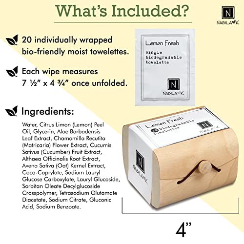 Lemon Fresh Scented Moist Towelettes Single Use by Nabila K - Alcohol-Free, Plant-Based with Natural Ingredients - Individually Wrapped Disposable Travel Size Wipes with Bamboo Case - 20 Count