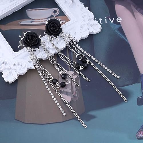 Punk Black Rose Flower Earring Long Rhinestone Chain Drop Earrings Silver Cz Tassel Ear Cuff Jewelry for Women