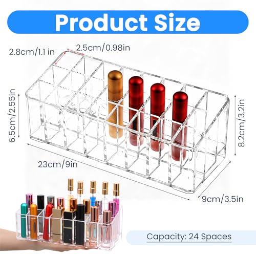 2 Pcs Rollerball Perfume Organizer, 24 Spaces Acrylic Perfume Storage Holder, Clear Beauty Scent Holder, Makeup Display Case Organizer for Lipstick Lip Glosses Brushes Perfumes Sample Mascara