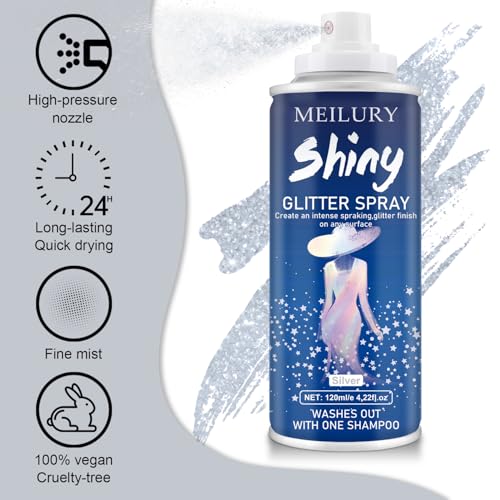 Hair and Body Glitter Spray, Holographic Glitter Highlighter Powder, Hairspray for Clothes, Face Body Shiny Glitter, Loose Shimmer Hairspray Festival Rave Prom Accessories, 4.22 Fl Oz (Silver)