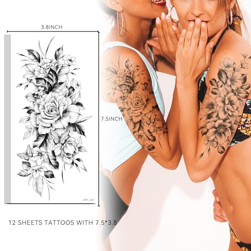 EMOME 12 Sheets Sexy Temporary Tattoos for Women, Half Arm Flowers Fake Tattoos Sleeve, Temp Realistic Tattoo Stickers for Adults Girls Shoulder Arm Leg Back