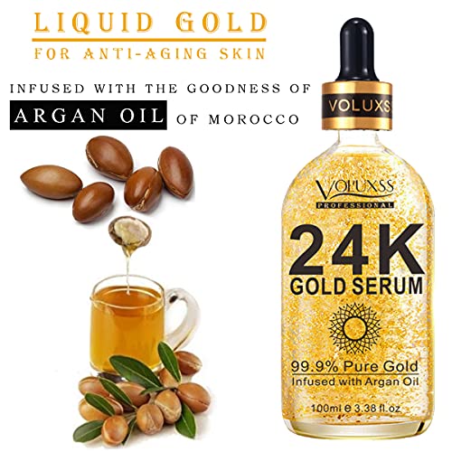 24K Gold Serum for Face,Skin Brightening Anti Aging Face Serum Moisturizer with Vitamin C,Hyaluronic Acid & Argan Oil for Dark Spots & Fine Lines,Korean Skin Care Glow Collagen Booster