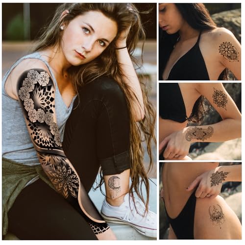 48 Sheets Mandala Flower Bohemia Full Arm Sleeve Temporary Tattoos for Women Girls, Skull Owl Black Fake Tattoos Neck Chest Arm Stickers Waterproof