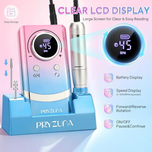 Electric Nail Drill Professional 45000RPM, Portable Cordless Nail File for Acrylic & Gel Nails, Rechargeable E-File Machine with 7 Drill Bits, 56 Sanding Bands & Base, for Salon or DIY Home (Gradient)