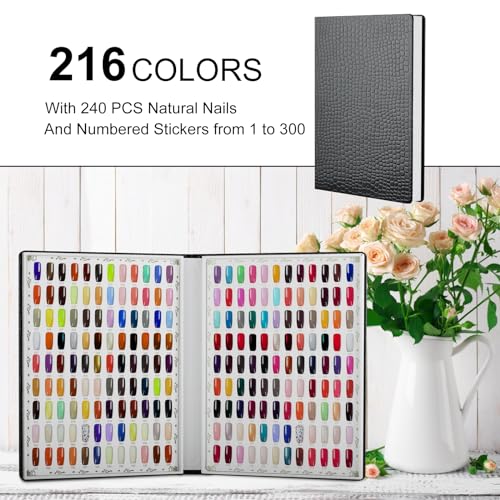 216 Nail Color Chart Display Book with 240PCS False Nail Tips, UV Gel Polish Card Book, Nail Art Salon Nail Design Display Booklet, Nail Color Swatches Nail Practice Card Board