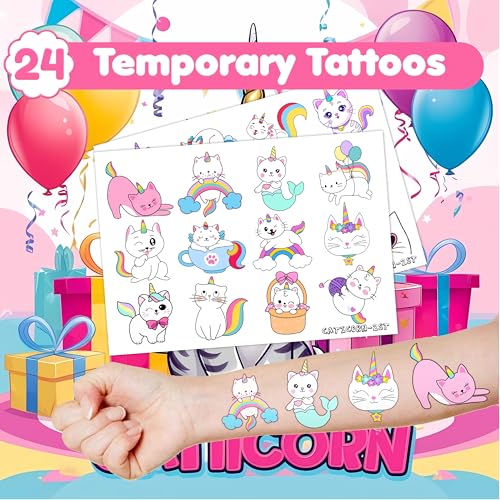 36PCS Caticorn Party Favors - 24PCS Temporary Tattoos & 12PCS Stamps - Ideal Cat Unicorn Themed Birthday Card Decorations Supplies Goodie Bag Cute Rewards for Boys Girls Classroom Gifts Baby Shower