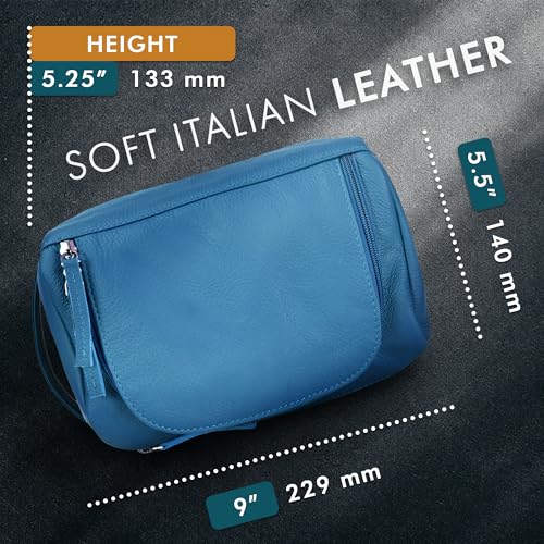 ELIZO Premium REAL Leather Toiletry Bag for Men Dopp Kitt Hanging Mens Toiletry Large TSA Toiletries Bag Shaving Grooming Bag Organizer (Blue, Large)
