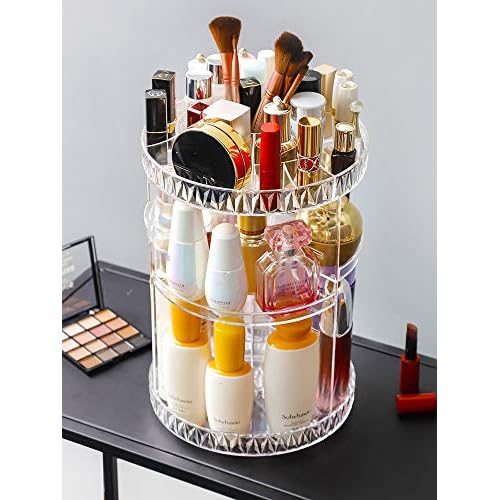 PJLANDI Acrylic 360 Degree Rotation Makeup Organizer, Cosmetic Storage holder shelf rack Perfume in Bathroom Dresser Diamond Pattern for skin care stand