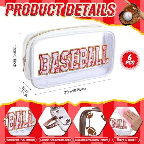 6 Pcs Baseball Clear Cosmetic Makeup Bag with Chenille Letter Patch Sport Goodie Clear PVC Pouch Organizer Waterproof Travel Toiletry Bags for Sports Theme Birthday Party Supplies