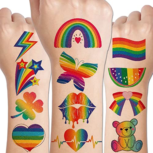 Glitter Rainbow Temporary Tattoos - 140 PCS Glitter Pride Tattoos Butterfly Heart Rainbow Tattoos for Pride Party Favors