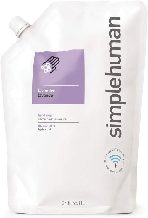 simplehuman 8 oz. Touch-Free Sensor Liquid Soap Pump Dispenser with Soap Sample, White & Lavender Moisturizing Liquid Hand Soap Refill Pouch, Purple, 34 Fl Oz