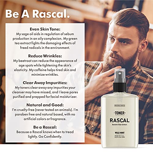 Rascal Face Toner for Men - Sage Oil, Beetroot & Caffeine to Reduce Wrinkles and Clear Away Impurities (3.4 Fl Oz)