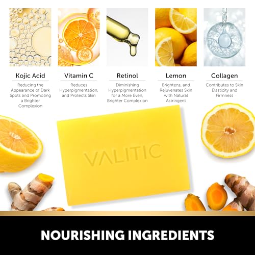 VALITIC Brightening Lemon & Turmeric Kojic Acid Soap with Vitamin C, Retinol, Collagen - Original Japanese Complex Infused with Hyaluronic Acid, Vitamin E, Shea Butter, Castile Olive Oil (2 Pack)