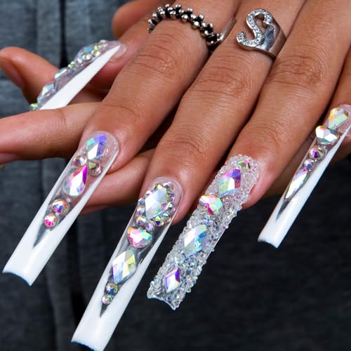 LOVFUL Press on Nails Candy Diamonds & White French Tip | Luxury Spring French Tip Glossy Press On Nails with Bling | Square Long 2.2 in | H36 (L)