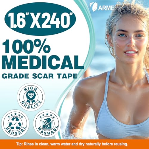 Arme Silicone Scar Tape, 1.6" x 240" Silicone Scar Sheets(2 Rolls-6M), Medical Grade Scar Tape Removal Sheets for Surgical Scars, Reusable Scar Removal Strips for Tummy Tuck C-Section Keloid