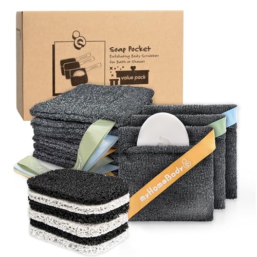 myHomeBody Soap Pocket Squares Exfoliating Pouch, Body Scrubber, Exfoliator Sponge for Bath or Shower, or Leftover Bits Saver, Graphite Gray, 9 Pack + 6 Lift Pads