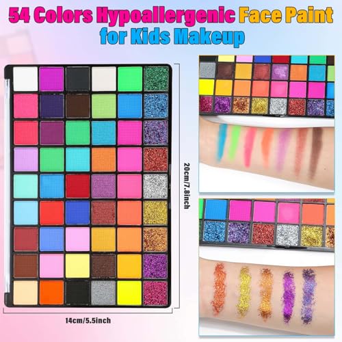 Professional Face Painting Kit for Kids and Adults ? 54 Color Water Activated Cosplay Makeup Kit, Non-Toxic Body Paint with Stencils, Gems, Brushes? for Halloween FX, Bday Parties, School Event