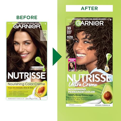 Garnier Nutrisse Ultra Cr?me Hair Color, Permanent Hair Dye with 100% Gray Coverage, Vegan & Cruelty-Free, 33 Darkest Golden Brown (Caramel Fudge), 2 Count