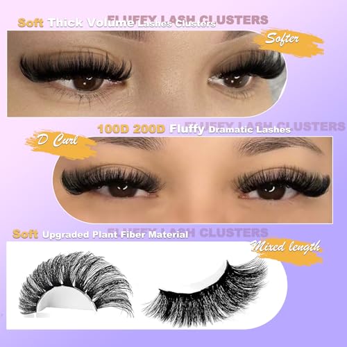 Fluffy Lash Clusters Cat Eye Faux Mink Eyelash Clusters with Bottom Lash Clusters 100D 200D Individual Lashes D Curl Mega Volume Eyelash Extension Clusters 10-22mm