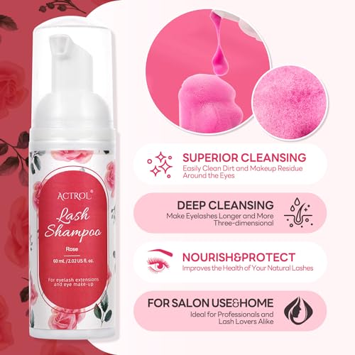 Eyelash Extension Cleanser 60ML Colored Red Rose Lash Extension Shampoo Professional Eyelid Foaming Cleanser Paraben & Sulfate Free Non-lrritating with Salon and Home Care