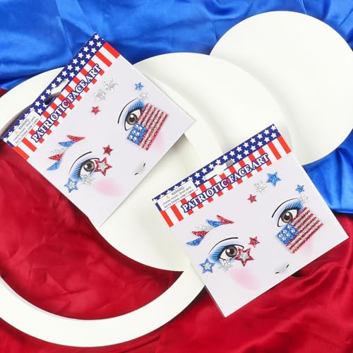 American Flag Stars Glitter Face Tattoo Jewelry, Independence Day Celebration Face Gems with Red Blue Flag Designs, Sparkle Glitter in Parades, Parties & More 2PCS (Style 3)