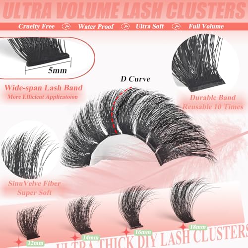Lash Cluster 260D Full Volume Cluster Lashes Bold 12-18mm Mega Lash Clusters Supplies Wispy D Curve False Eyelashes Clusters Reusable DIY Salon Look Eye Lash Clusters Extension By Hiklasy