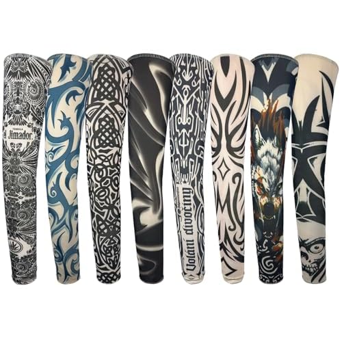 Fake Tattoo Sleeves for Men, 8 Pcs UV Protection Cooling Temporary Arm Buddha Dragon Flower Monster Tribal Sleeves