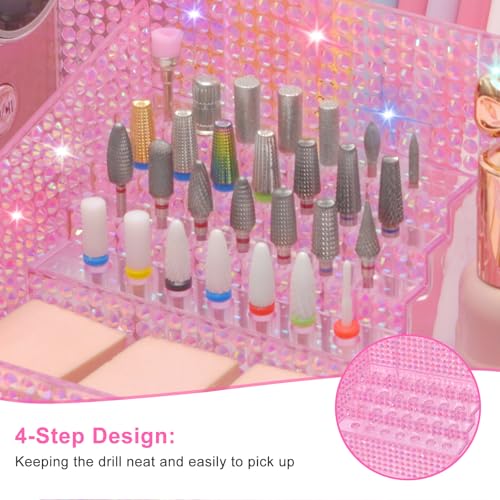 ANRUI Nail Drill Bit Holder, 28 Holes Plastic Nail Drill Machine & Bits Storage Case, Professional Nail Desk Organizer for Manicure Tools Gift for Women and Girls- Diamond Pink