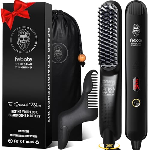 Heated Ionic Hair Straightening Brush for Men - 5 Temperature Settings, Anti-Scald, Beard Shaper & Travel Bag