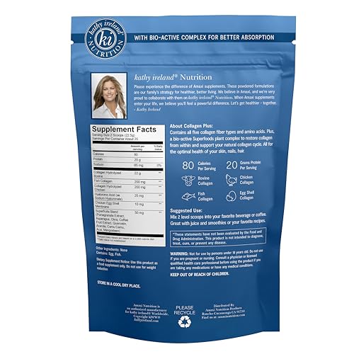Kathy Ireland Multi Collagen Protein Powder Peptides, Types I, II, III, V, X Unflavored, 20g Protein per Serving, Bovine, Chicken, 16 oz