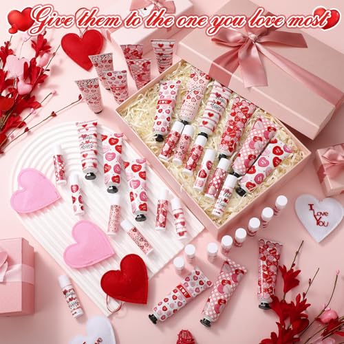 Demissle 24 Sets Bulk Hand Cream & Lip Balm Party Favors for Women ? Red Heart Candy Moisturizing Hand Lotion Set, Easter Basket Stuffers, Teacher & Coworker Appreciation Goodie Bags