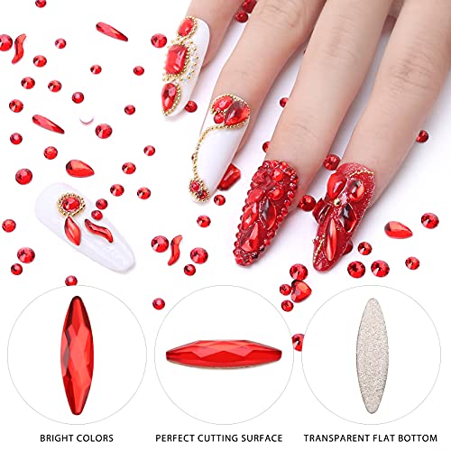 Nibiru 3830Pcs Red Multi Shapes Rhinestones Glass Diamonds Kit for Nail Art Jewels Decoration, Shiny Flatback Mix Size with Wax Pen