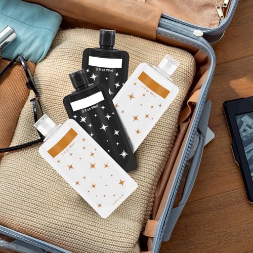 Travel Pouches for Toiletries 18 Pack - Leak-Resistant 3 oz Liquid Containers, TSA Approved Star Pattern Shower Gel & Cosmetic Bags (Black & White)