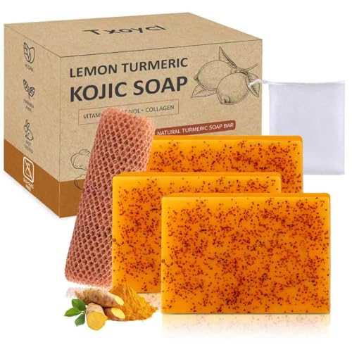 Lemon Turmeric Kojic Acid Soap Bar - Turmeric Soap with Vitamin C, Retinol, Collagen Moisturizing for Face, Body, Hands | Suits Dry Sensitive Skin (3 Bars)