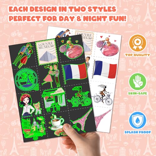 96 PCS Paris Party Favors Set ? 72 Pre-Cut Temporary Tattoos & 24 Slap Bracelets, Perfect for Romantic Birthdays & French-Themed Celebrations