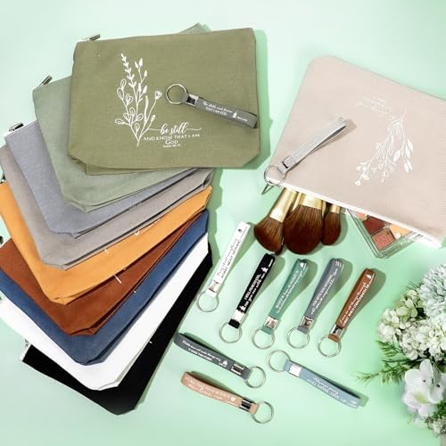 Fumete 40pcs Christian Gifts Bulk for Women Inspirational Bible Keychains and Boho Canvas Makeup Bags Religious Easter Gifts for Church Sunday School Teacher (Boho Color)