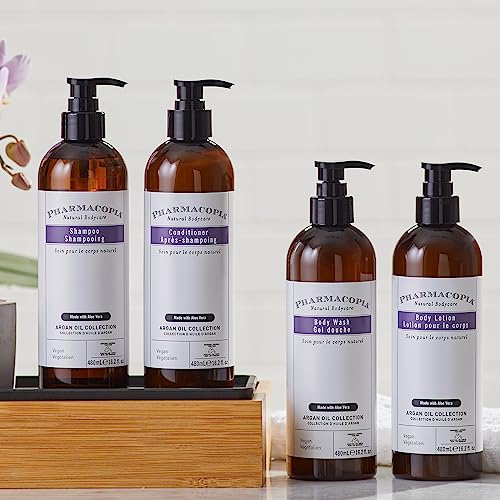 Pharmacopia Hotel Argan Oil Body Wash & Body Lotion Bundle ? Hydrating Aromatherapy Body Care - Plant Based & Organic Ingredients ? Vegan, Cruelty Free, No Parabens, Set of 2 16oz Bottles
