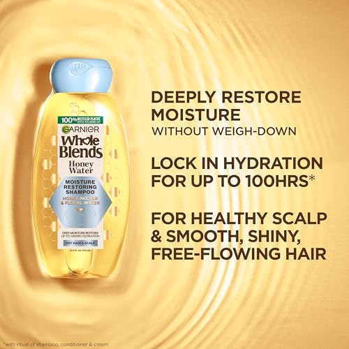 Garnier Whole Blends Honey Water Moisture Restoring Shampoo, Hair Care for Dry Hair and Dry Scalp with Honey Nectar and Floral Water, 28 Fl Oz