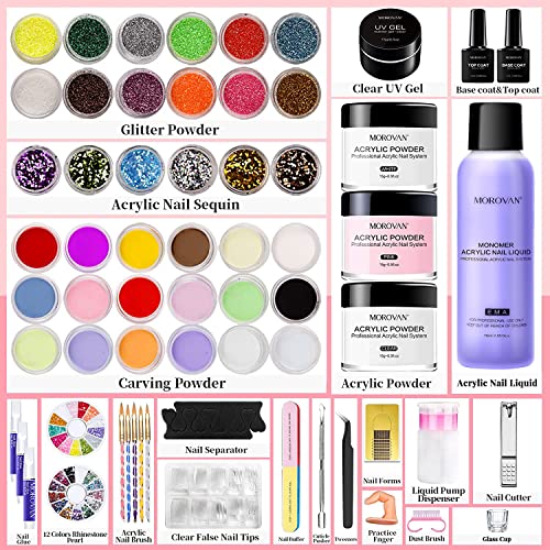 Morovan Acrylic Nail Kit Glitter Powder and Carving Powder Set Complete Practice Hand Nail Kits With Everything Professional Kit for French Acrylic Nail Tips Beginners