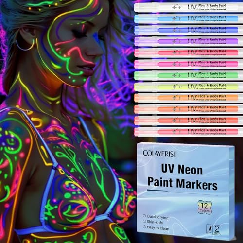 12PCS Glow in the Dark Face Paint Pens, UV Neon Face and Body Paint Markers - Skin Safe, Body Art Pens for Kids Adults, Festival Party Supplies