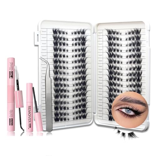 Cat Eye Lash Clusters Kit, 32 Pairs DIY Wispy Cat Eyelashes Extensions Kit, 8-16MM Clusters Lashes Natural Fluffy Lash Book with Lash Glue (Bond & Seal), Lash Remover, Lash Tweezer