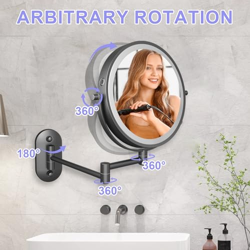 8¡°Wall Mounted Makeup Mirror With Lights, 10x Magnifying Mirror Wall Mount for Vanity, Bathroom and Shaving, Rechargeable Wall Mounted Makeup Mirror Swing Arm with Adjustable Brightness (Black-10X)