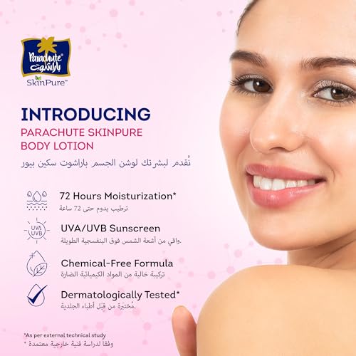 Parachute SKIN PURE BODY LOTION VITAMIN C, UVA/UVB Sunscreen, Blend of Vitamin C and Virgin Coconut Oil for Brightening Skin | 72Hr Moisturization | For Extra Dry Skin | 13.52 Floz